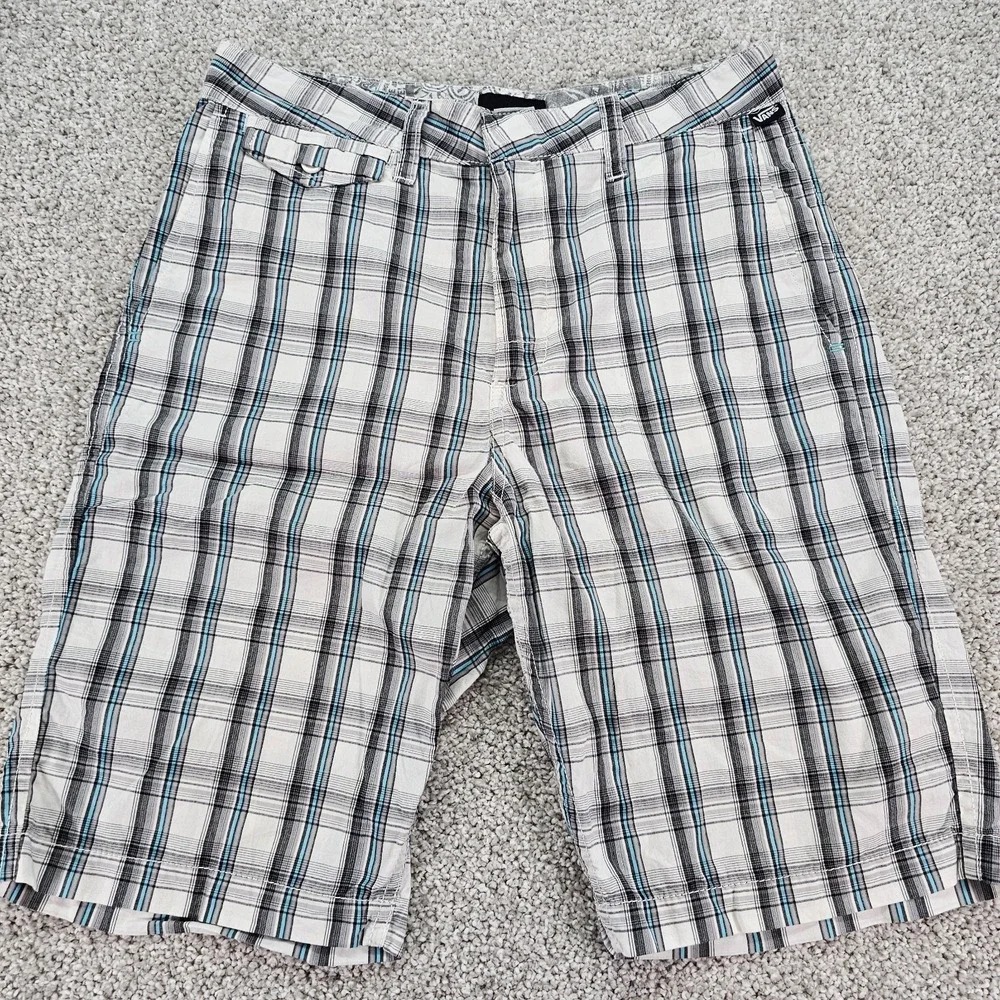 Vans Shorts Mens 30 White Gray Blue‎ Plaid Lightweight Skater Urban Y2K